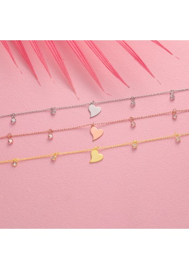 925 Ayar Gümüş Kalp Objeli Zirkon Taş Sallantılı Hal Hal Gold