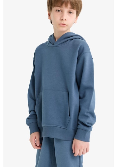 Defacto Erkek Çocuk Basic Düz Kapüşonlu Sweatshirt E9558a825auın257 Indigo