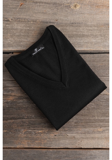 V Yaka Battal Büyük Boy Yünlü Kolsuz Triko Süveter Siyah