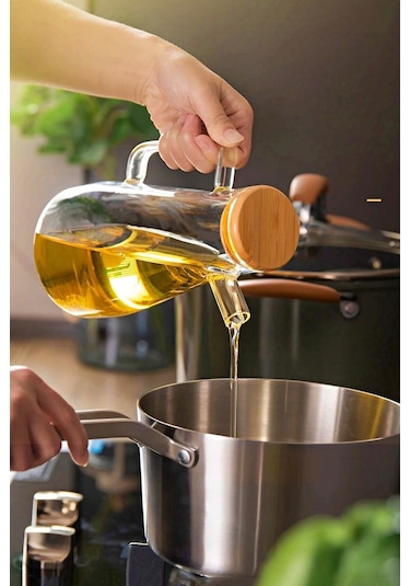 Bambu Kapaklı Cam Yağdanlık Vakumlu Ahşap Stantlı Sirkelik Zeytinyağı Şişesi Yağlık 900 Ml 3'lü Set