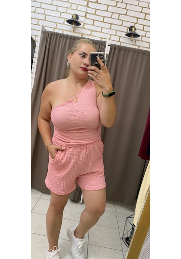 Gofre Beli Lastikli Şort Koyu Pembe