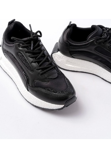 F-307 Siyah Bağcıklı Saten Taş Aksesuarlı Günlük Spor Ayakkabı Siyah