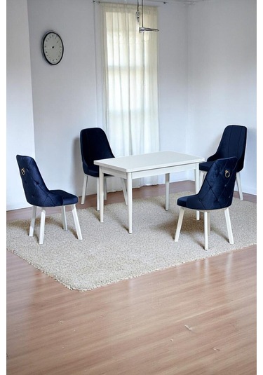 Still Beyaz Mdf 70x110 Sabit Mutfak Masası Takımı Beyaz Metal Ayak 4 Lacivert Sandalye Lacivert