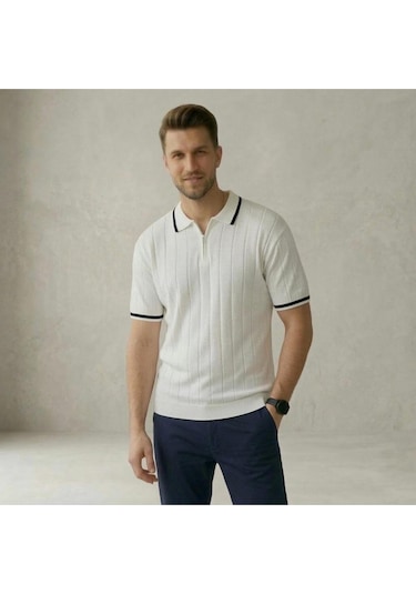 Fermuarlı Polo Yaka Kısa Kollu Triko T-shirt Beyaz