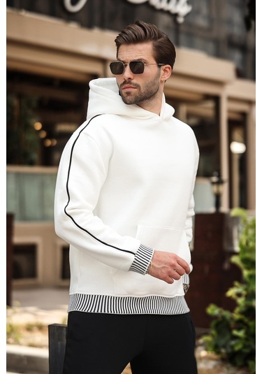 Madmext Ekru Kapüşonlu Kanguru Cep Erkek Sweatshirt E7163 Ekru