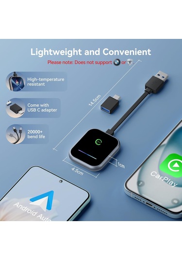 Honmex Kablosuz Carplay Ve Android Auto Dönüştürücü - 2'li 1 Kablosuz Bağlantı, Navigasyon, Müzik, Ses Asistanı Desteği Gri Kenar