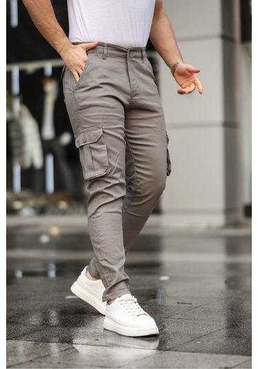 Siyah Renk Körüklü Paçası Lastiksiz Kargo Pantolon Krem