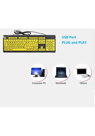 Dancemonkey 10 Sarı Renkli Kablolu Usb Büyük Baskı Klavye, Düşük Görme İçin Yüksek Kontrast, Geniş Kullanıcılar Klavyesi