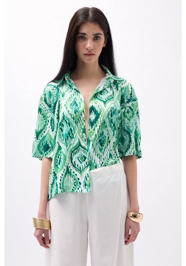 Desenli Saten Gömlek Yeşil
