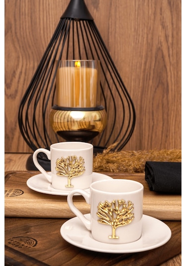 Heda Porselen Hayat Ağacı Altın Kabartma Motif 2 Kişilik Kahve Fincan Takımı