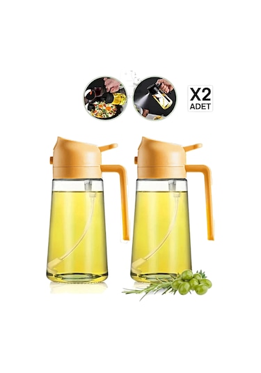 Madamev 2 Adet Çift Fonksiyonlu Cam Yağdanlık 450ml Zeytinyağı Sıvıyağ Şişe Sprey Airfryer Yağlık Si Turuncu