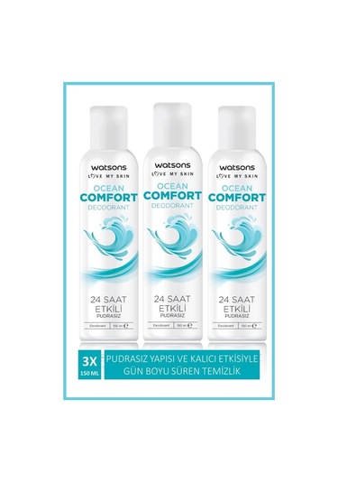Watsons Ocean Comfort 24 Saat Etkili Pudrasız Sprey Deodorant 3 x 150 ML