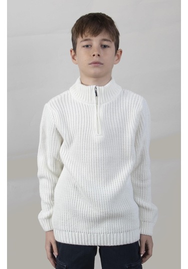 Alexandergardı Dik Yaka Fermuarlı Erkek Çocuk Kazak C23-7108 Beyaz