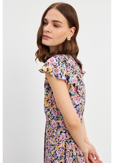 Stella Pulvis Çok Renkli Volanlı Kuplu V Yaka Midi Elbise Çok Renkli