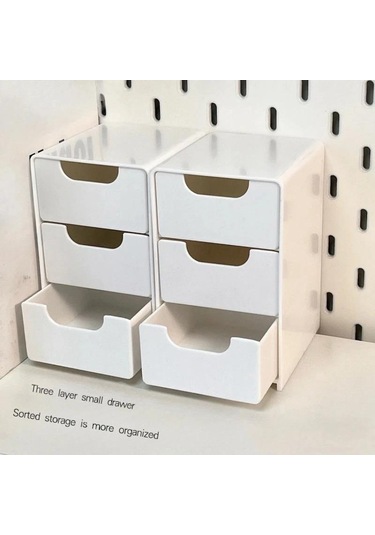 1 Adet Mini Üç Katlı Çekmeceli Masaüstü Saklama Kutusu, Ofiste Takı Ve Kozmetik Saklamak İçin Mükemmel, Küçük Beyaz Beyaz