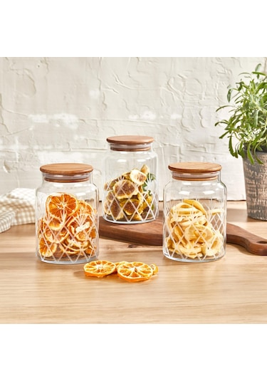 Selka Home - 3'lü Kesme Detaylı Ahşap Kapak Kavanoz 890 Ml