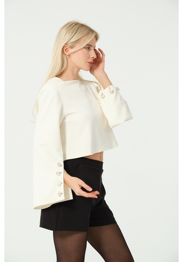 Düğme Detay Crop Bluz Beyaz BEYAZ Beyaz