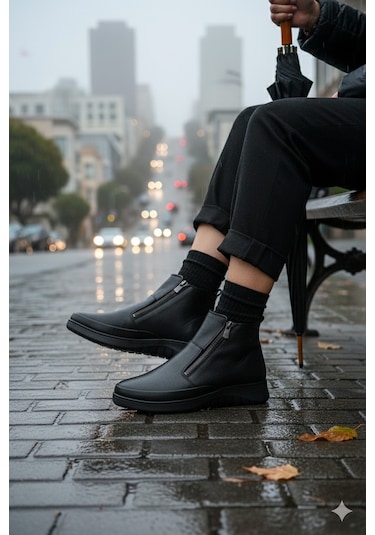 Muggo Feniks Hakiki Deri Çift Fermuarlı Kadın Bot Siyah