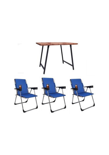 Alin Metal 3''lü Lüks Bardaklı Kamp Sandalyesi Ve Masa Set Mavi Mavi