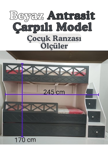 Beyaz Antrasit Çarpılı Model Çocuk Ranzası