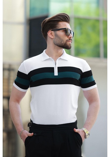 Madmext Beyaz Fermuarlı Polo Yaka Çizgili Erkek Tişört E7406 Beyaz