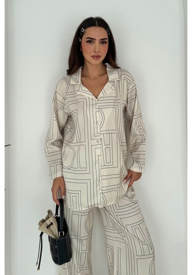 Geometrik Desen Modal Saten Takım Beyaz Beyaz