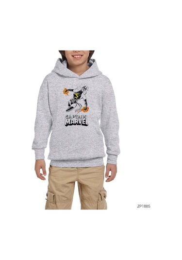 Captain Marvel Comic Gri Çocuk Kapşonlu Sweatshirt