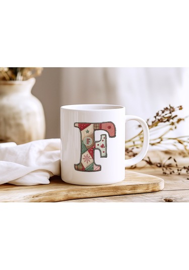 F Harfi Yılbaşı Temalı Kupa Bardak - Yeni Yıl Konsept Yamalı Efekt Tasarım - Noel Hediye Beyaz