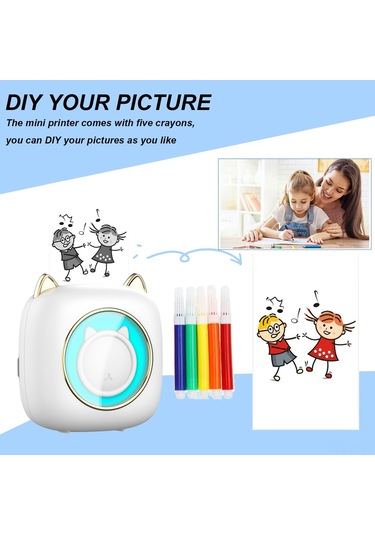 Yunboo C23 Mini Termal Etiket Yazıcı, 1200mah Pil, 57mm Genişlik, 203dpi Çözünürlük, 11 Adet Termal Kağıt + 5 Renkli Kalem Dahil