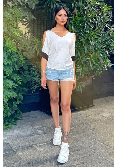 Kadın Ekru Omuz Dekolteli Kısa Kol, Salaş Keten Bluz Ekru