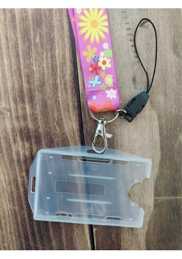 Kır Çiçekleri Pembe Kart Askısı Yaka Kartı Boyun Askı İpi Telefon Askısı Yatay Dikey Kart Koruyucu