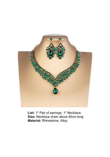Yeşil 1 Takım Gelin Küpe Kolye Su Damlası Şeklinde Rhinestones Takı Geometrik Ayarlanabilir Takı Seti Düğün İçin Yeşil
