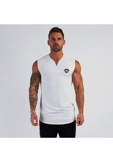 Beyaz Muscleguys Yaz Yeni Avrupa Ve Amerikan Tarzı Baskılı Yelek Pamuklu Erkek Fit Spor V Yaka Kolsuz Tişört