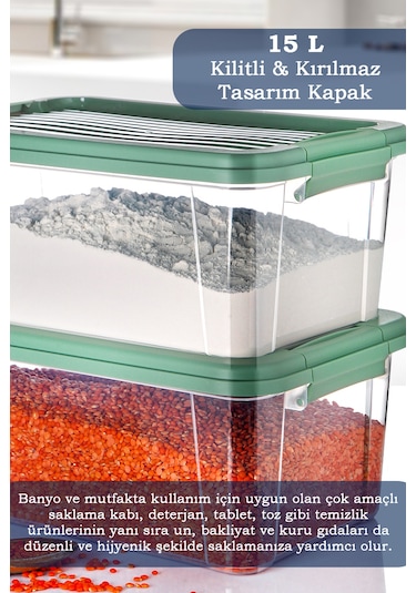 2'li Mega 15l Un Bakliyat Erzak Kabı - Kilitli Kapaklı Banyo Düzenleyici Deterjanlık Saklama Kutusu Yeşil