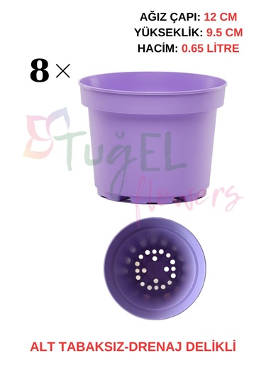 8 Adet Lila Plastik Saksı 12 Cm.lik Alt Tabaksız 12 9.5