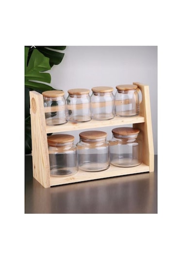 Bambu Kapaklı 7 Parça Cam Baharatlık-baharat Takımı şeffaf