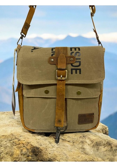 Vintage Baskılı Su Geçirmez Kanvas Deri Unisex Postacı Omuz Çantası 29 Cm X 30 Cm Taba