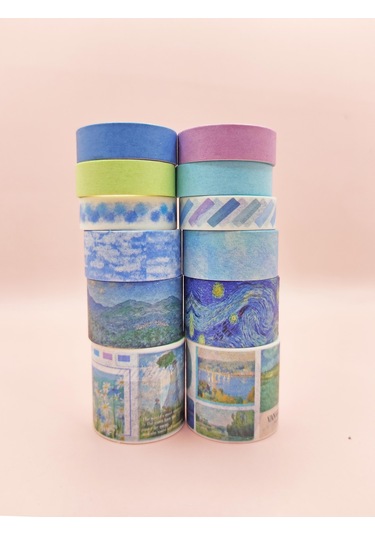 Art Vintage Washi Tape Bant Yapışkanlı Maskeleme Kağıdı Desenli Bant 12'li - Mavi Van Gogh Tabloları 1