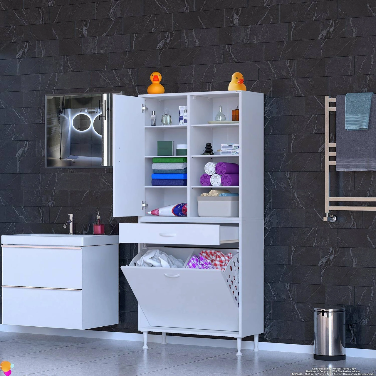 Kayra 1 Çekmece, 2 Göz Sepet, Tek Kapak, 8 Raf Dar Alan Banyo Dolabı 80x173x32,5 Cm Beyaz