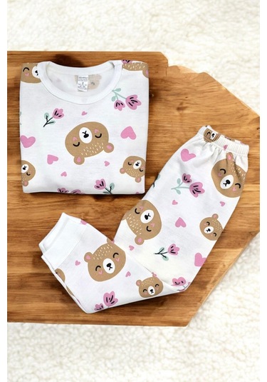Ayıcıklı Kız Çocuk Pijama Takım KREM Krem
