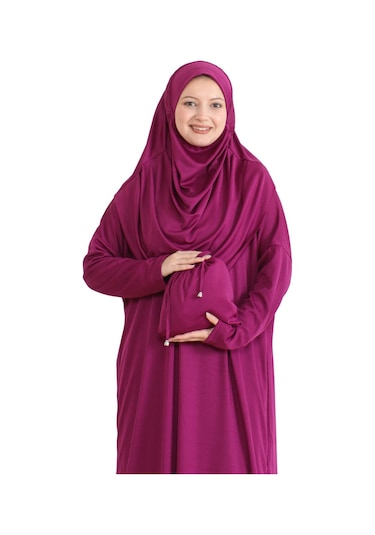 Keseli Namaz Elbisesi Eşarp Ve Tesbih Hazır Tesettür Giyim Türban Müslüman Giysi Takım Fuşya
