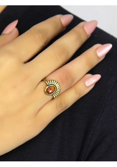 Doğal Taş Akik Yuvarlak Doğal Taşlı Antik Model Kadın Ayarlanabillir Yüzük Euy82a Kırmızı