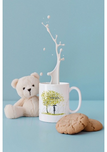 Kalp Yapraklı Hayat Ağacı Ve Kuş Baskılı Romantik Hediyelik Beyaz Kupa Bardak Beyaz-sarı