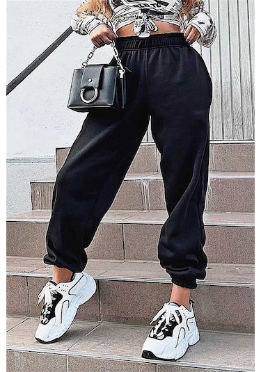 Madmext Mad Girls Siyah Paça Lastikli Oversize Kadın Eşofman Mg324-siyah Siyah