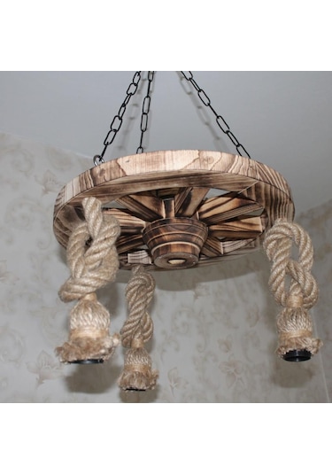 Otantik Çarşı Ahşap Halatlı Teker Avize 40 Cm. 3'lü Eskitme Ağaç