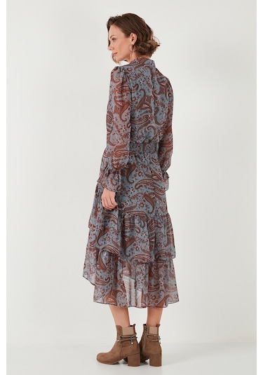 Lela Regular Fit Yaka Detaylı Volanlı Şifon Midi Bayan Elbise 611El1448 Mavi