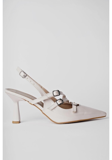 Muggo Kidman Garantili Arkası Açık Kemer Detaylı Üç Bantlı Rugan Kadın Topuklu Ayakkabı 001