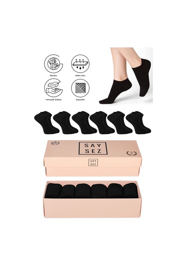 Bambu Kadın Patik Düz Siyah Çorap Dikişsiz Premium Kutulu 6'lı Siyah