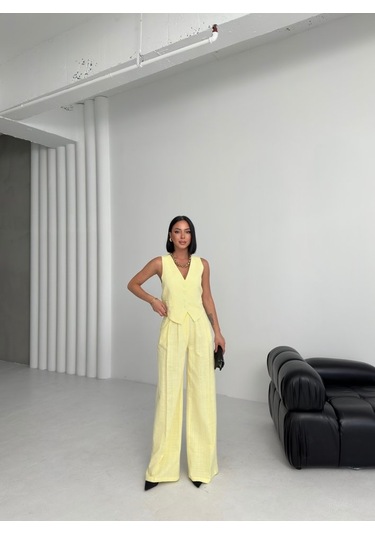 Keten Sirti Çapraz Geçi Şli Cepken Pantolon Takim Sari