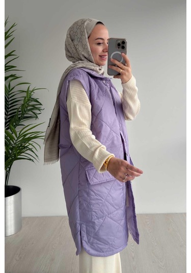 Ka Hijab Cep Detay Kapitone Yelek - Lila Lila